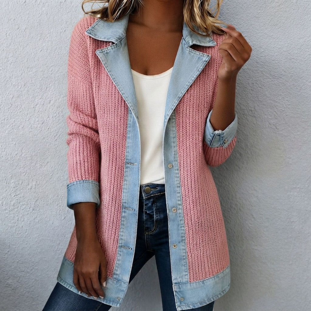 Women's patchwork denim jacket - Long sleeve casual layering style