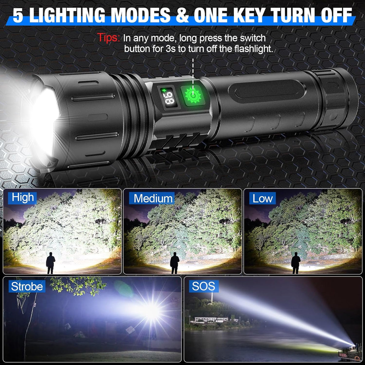 100000 Lumen Tactical Flashlight - Bright LED Torch
