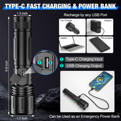 100000 Lumen Tactical Flashlight - Bright LED Torch