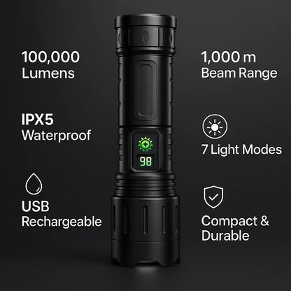 100000 Lumen Tactical Flashlight - Bright LED Torch