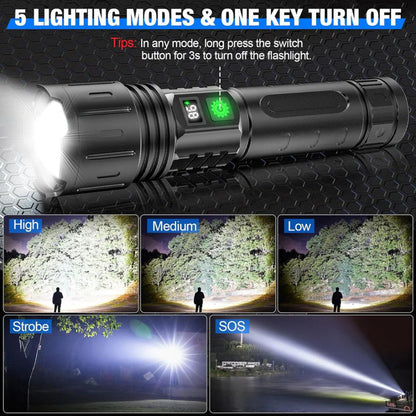 Rechargeable LED flashlight with 100 000 lumen output and zoom
