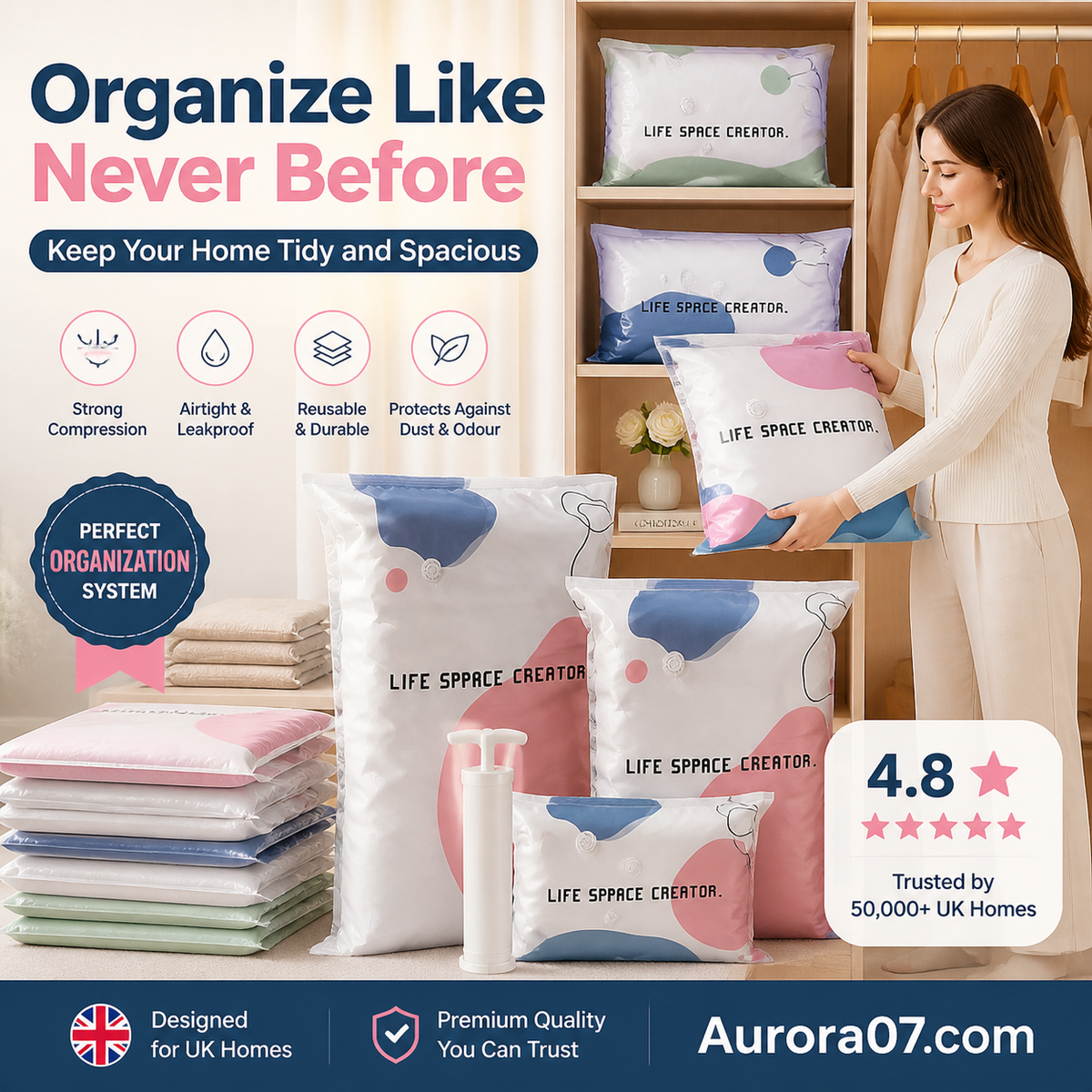 No‑Pump Vacuum Storage Bags – Press & seal, no pump needed. Saves 80% space, keeps clothes dry & dust‑free