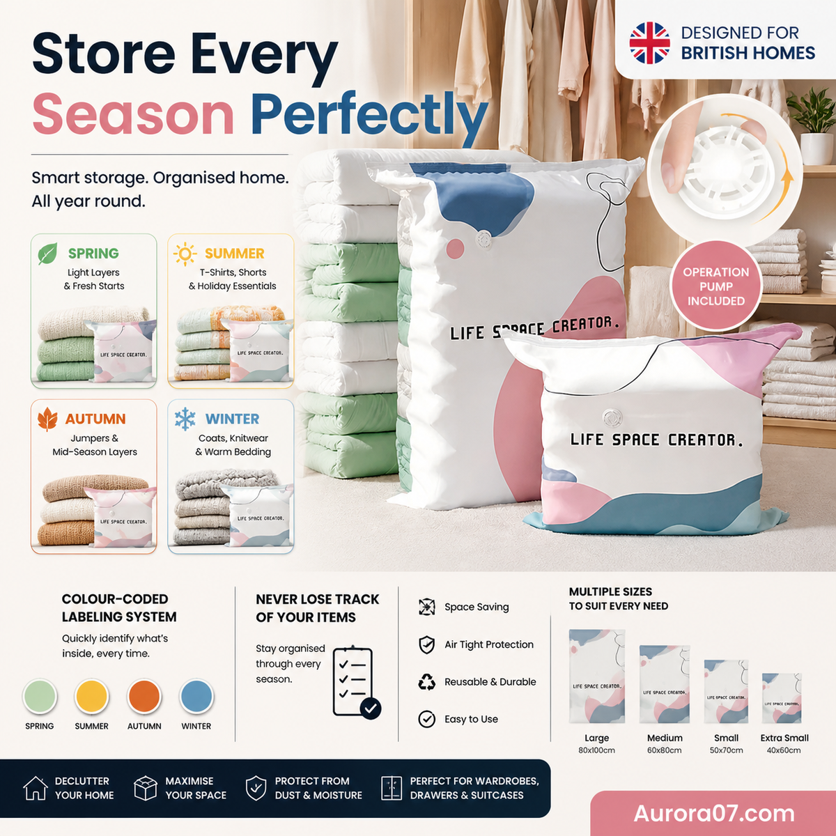 No‑Pump Vacuum Storage Bags – Press & seal, no pump needed. Saves 80% space, keeps clothes dry & dust‑free