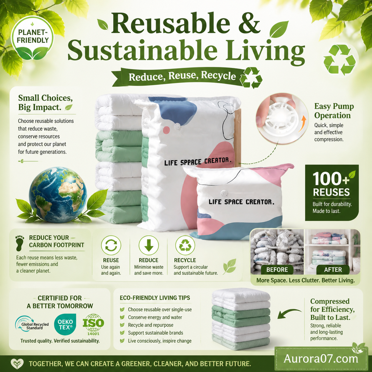 No‑Pump Vacuum Storage Bags – Press & seal, no pump needed. Saves 80% space, keeps clothes dry & dust‑free