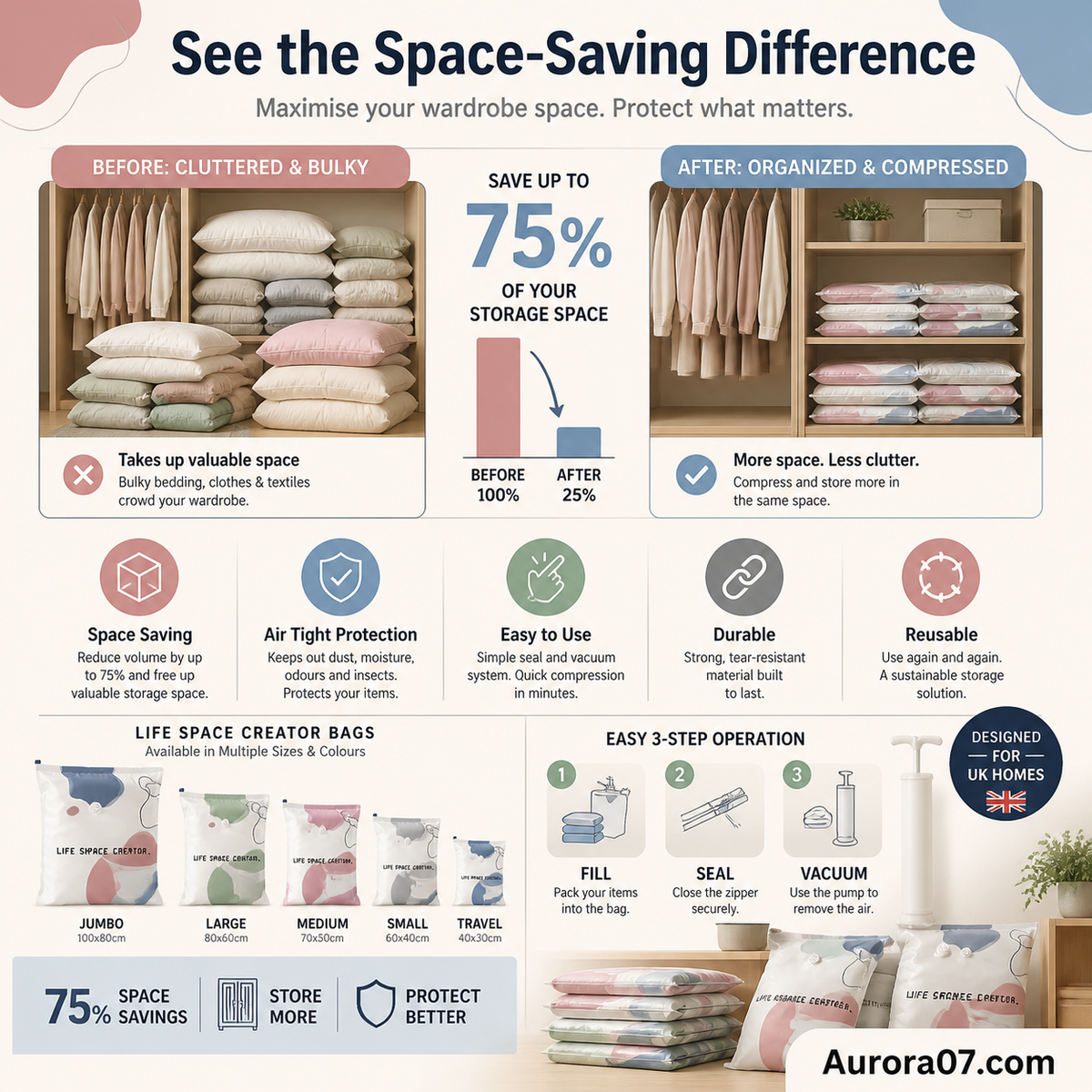 No‑Pump Vacuum Storage Bags – Press & seal, no pump needed. Saves 80% space, keeps clothes dry & dust‑free