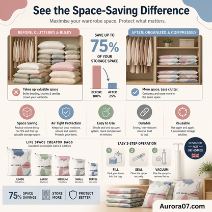 No‑Pump Vacuum Storage Bags – Press & seal, no pump needed. Saves 80% space, keeps clothes dry & dust‑free