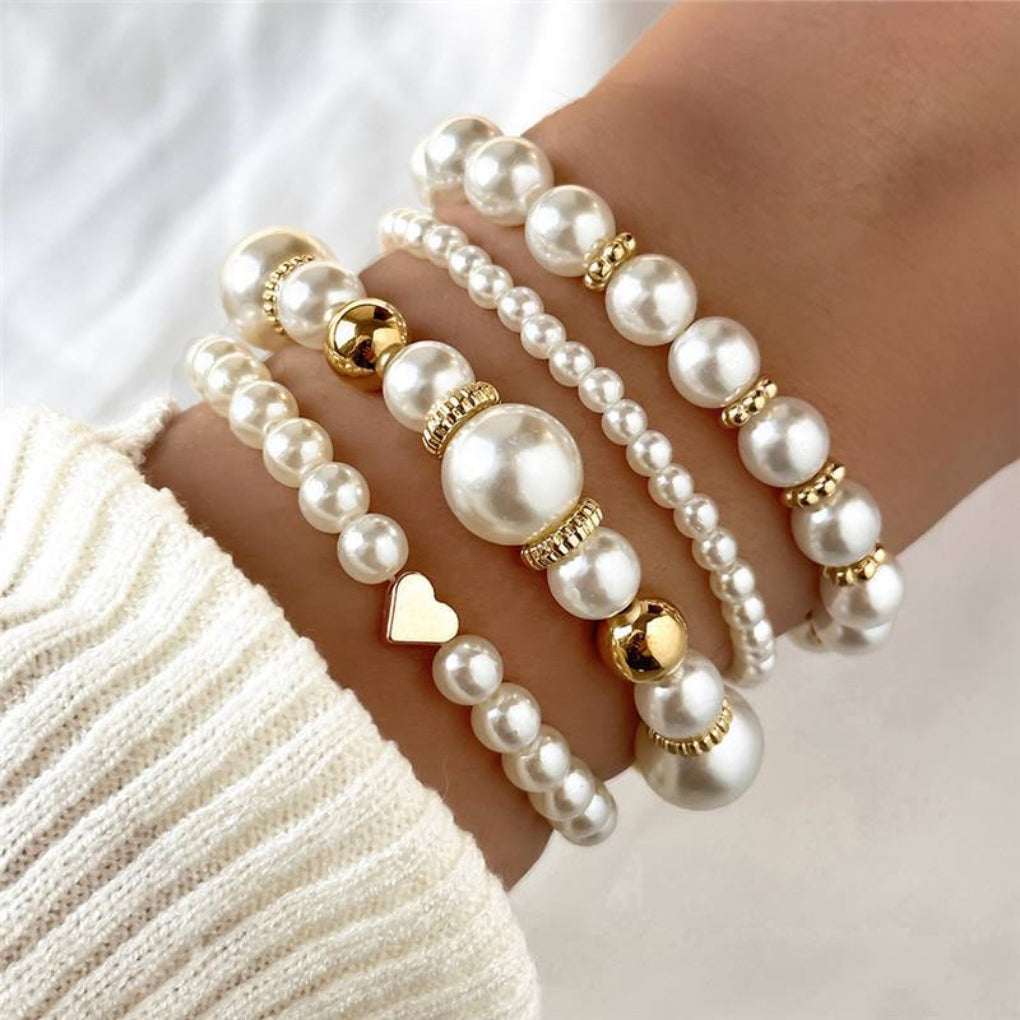 4-Piece White Faux Pearl Heart Beaded Bracelet Set for Women