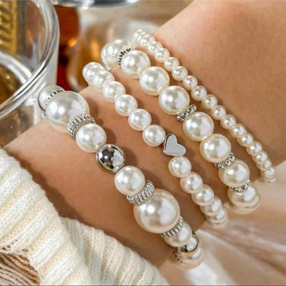 4-Piece White Faux Pearl Heart Beaded Bracelet Set for Women