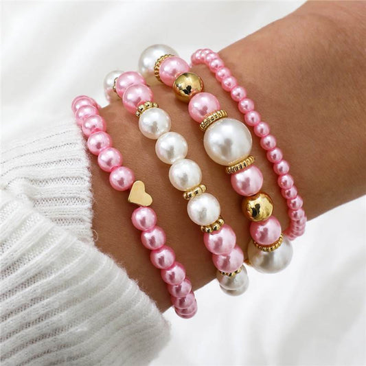 4-Piece White Faux Pearl Heart Beaded Bracelet Set for Women