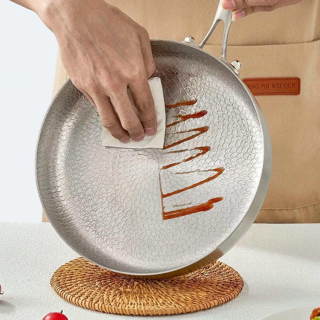 Hammered titanium wok pan with flat bottom