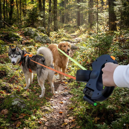3-in-1 double dog lead with 360° rotation, LED light & bag holder