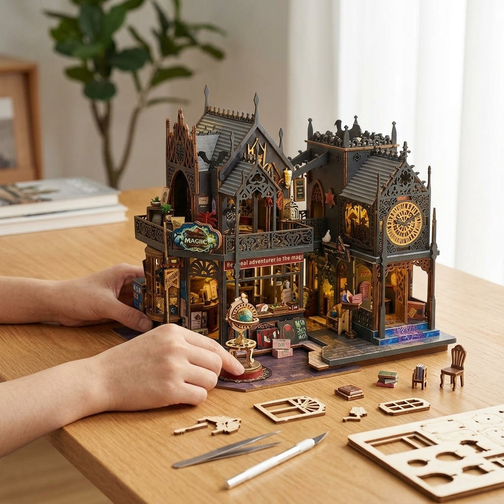 3D wooden book house puzzle with warm LED lighting