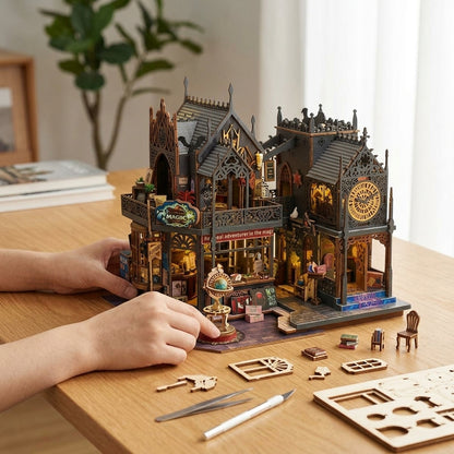 3D wooden book house puzzle with warm LED lighting