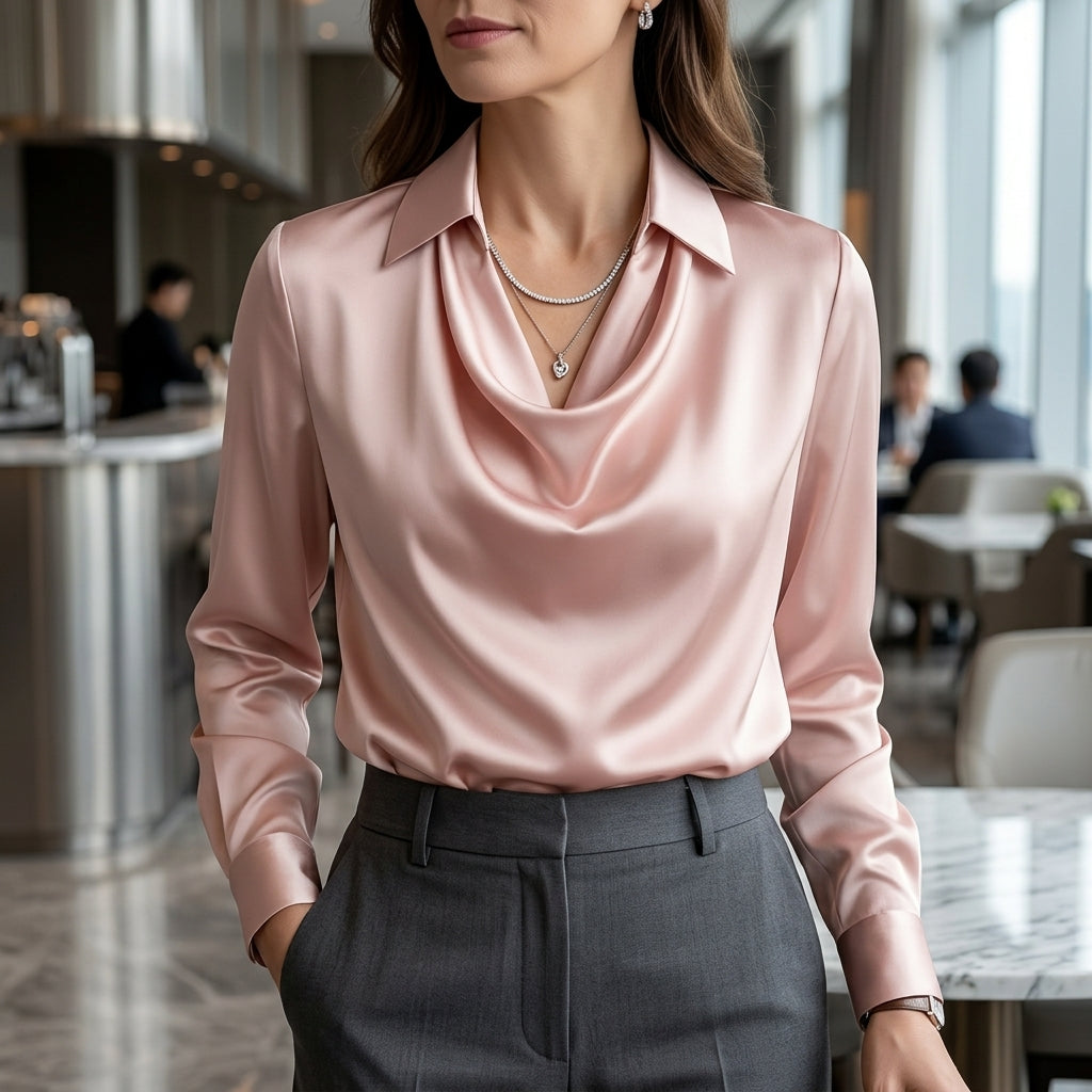 Women’s satin blouse with draped collar and relaxed fit