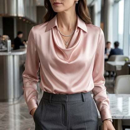 Women’s satin blouse with draped collar and relaxed fit