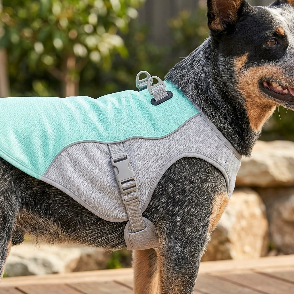 Cooling dog vest with adjustable harness for warm weather comfort