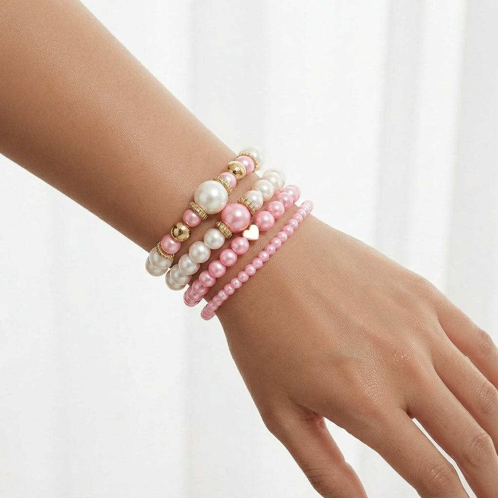 Women's faux pearl heart bracelet set | 4-piece elegant beaded jewellery