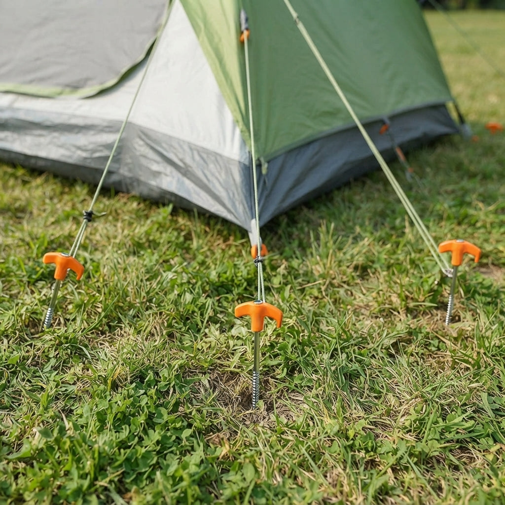 Heavy-duty screw-in tent pegs for secure outdoor anchoring