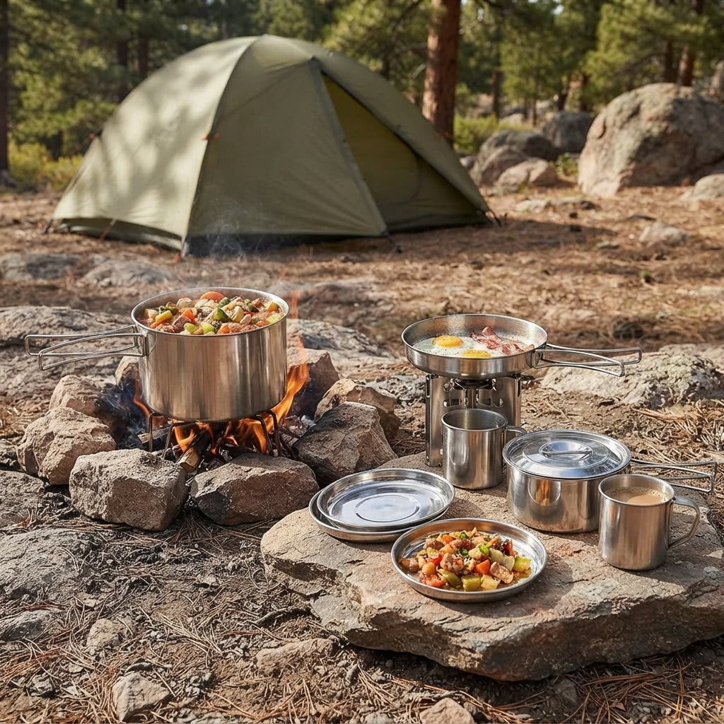Camping cookware set - Compact stainless steel mess kit with 8 pieces