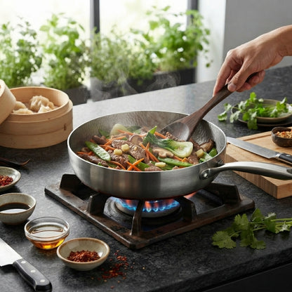 Hammered titanium wok pan - Flat base for versatile everyday cooking