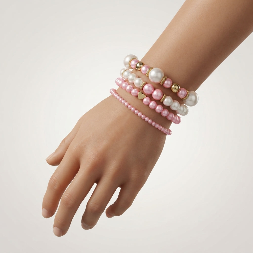 Women's faux pearl heart bracelet set | 4-piece elegant beaded jewellery