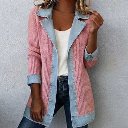 Women's patchwork denim jacket - Long sleeve casual layering style