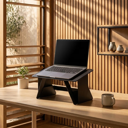 Foldable wooden laptop stand with adjustable height and viewing angle