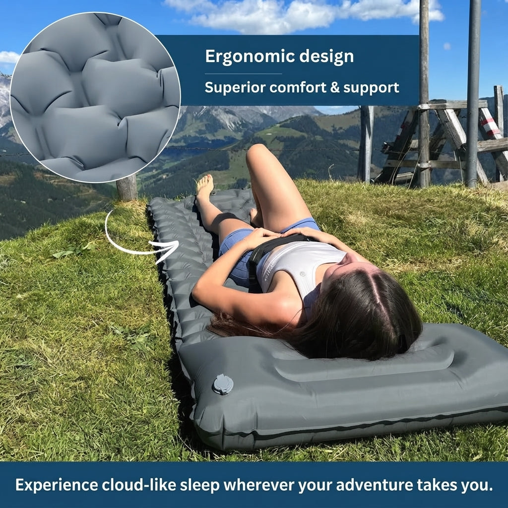 Inflatable camping mattress - Ultralight design with built-in pump