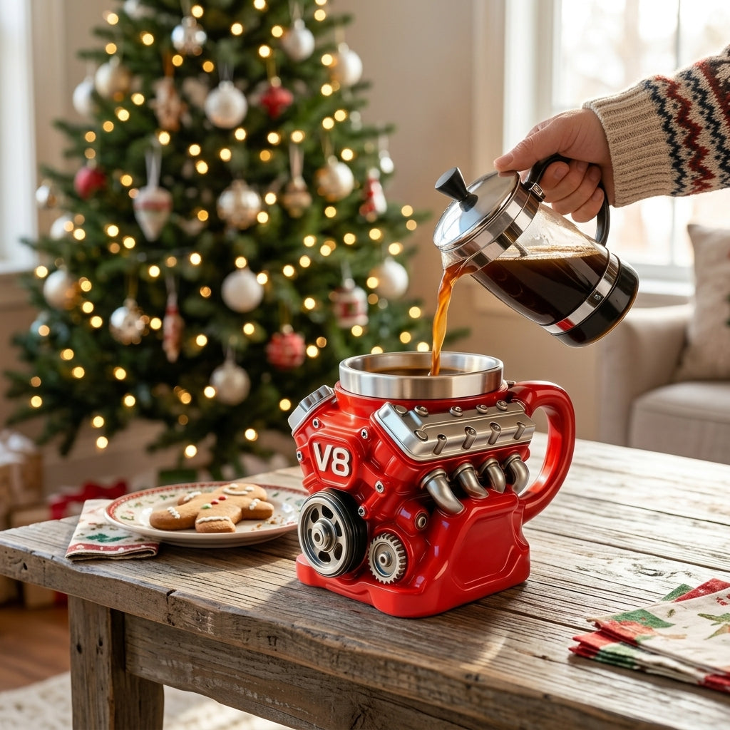 Retro motorcycle coffee mug with double-wall insulation