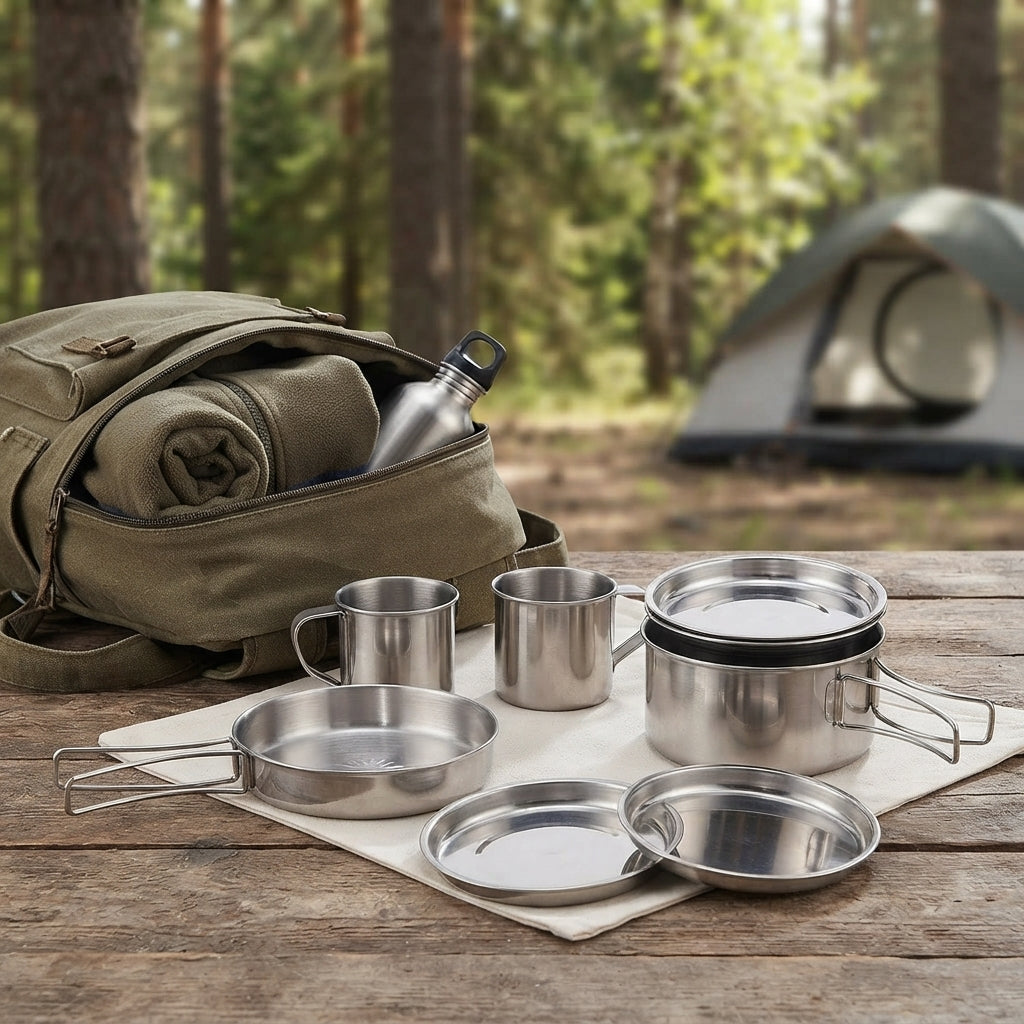 Camping cookware set - Compact stainless steel mess kit with 8 pieces