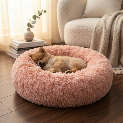 Calming dog bed with removable cover and soft plush filling