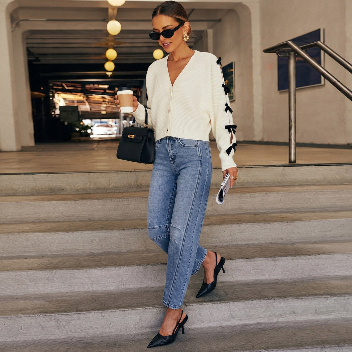 Women's bow sleeve cardigan - Relaxed fit for effortless everyday layering