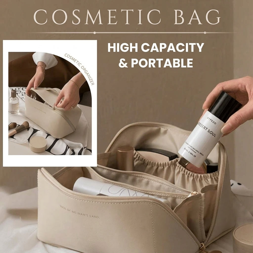 Large capacity travel cosmetics bag with easy-access opening
