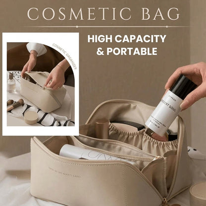 Large capacity travel cosmetics bag with easy-access opening