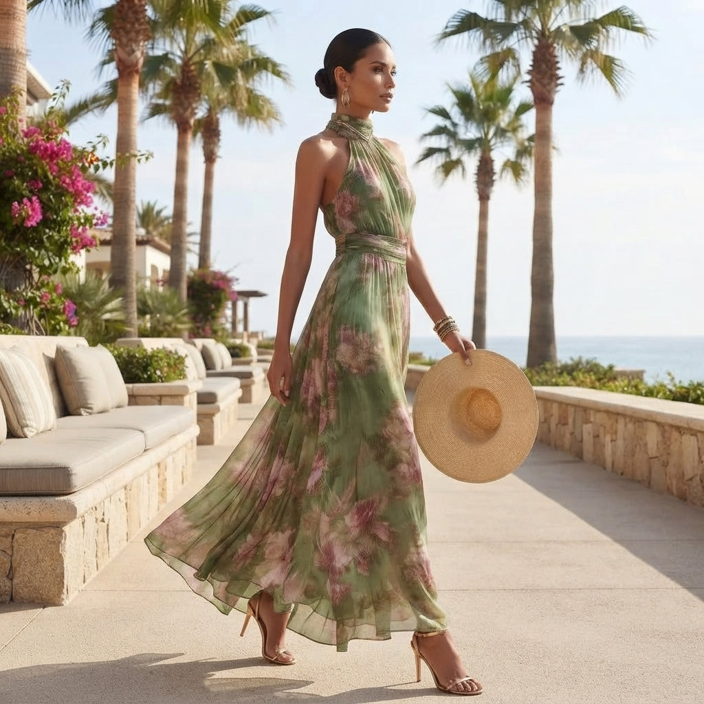 Women's waist-defined resort dress - Elegant flowing style for summer