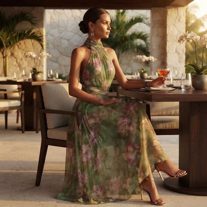 Women's waist-defined resort dress - Elegant flowing style for summer