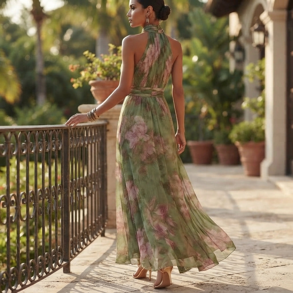Women's waist-defined resort dress - Elegant flowing style for summer
