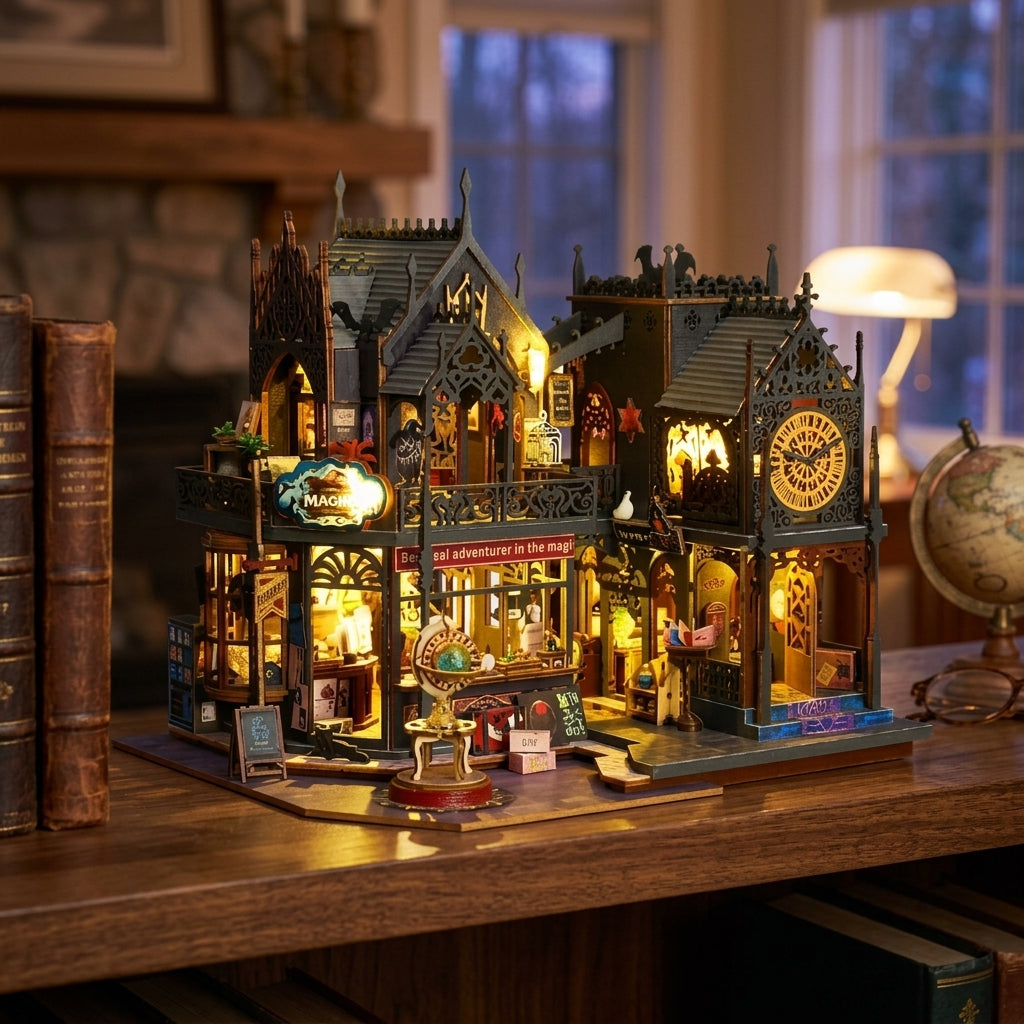 3D wooden book house puzzle with warm LED lighting