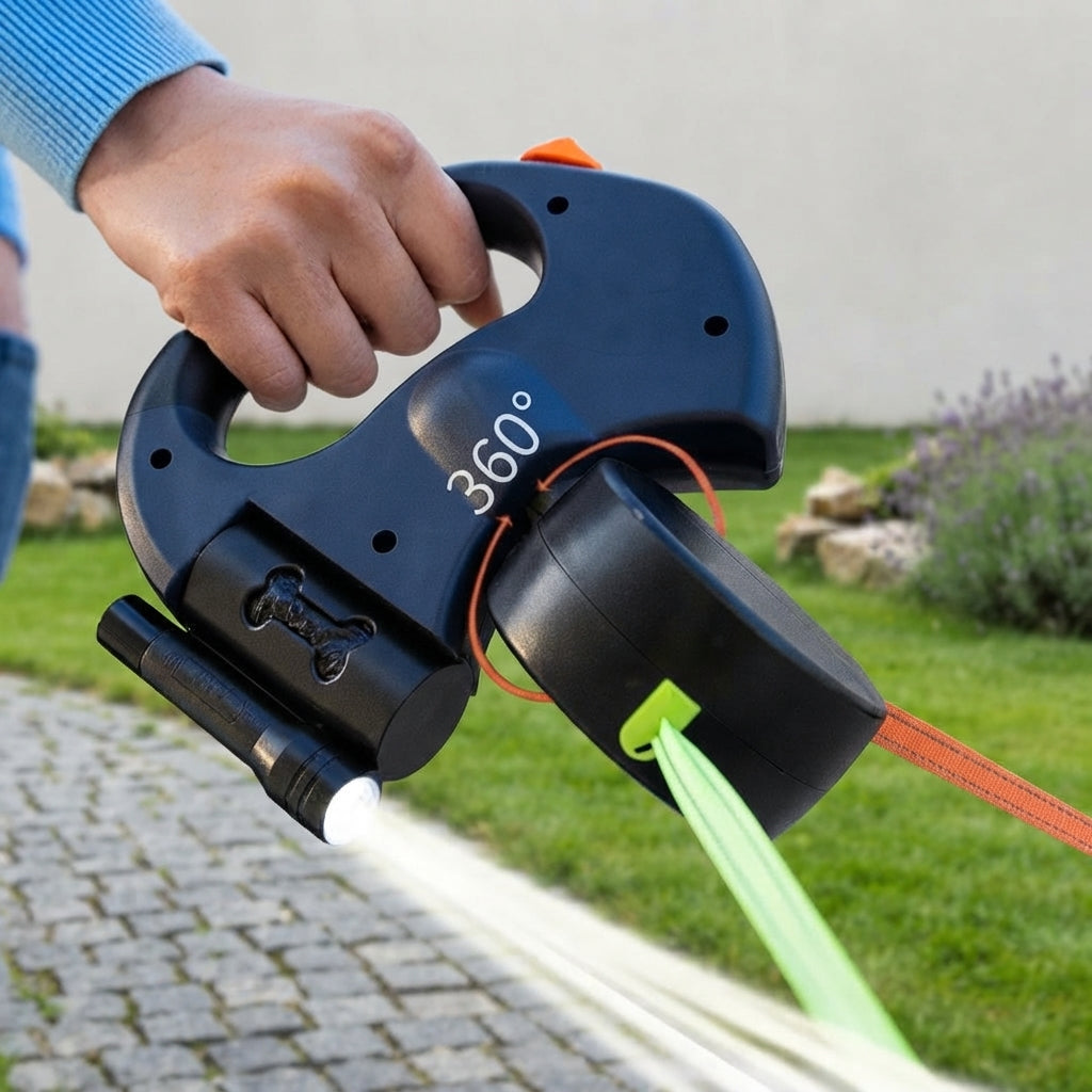 3-in-1 double dog lead with 360° rotation, LED light & bag holder