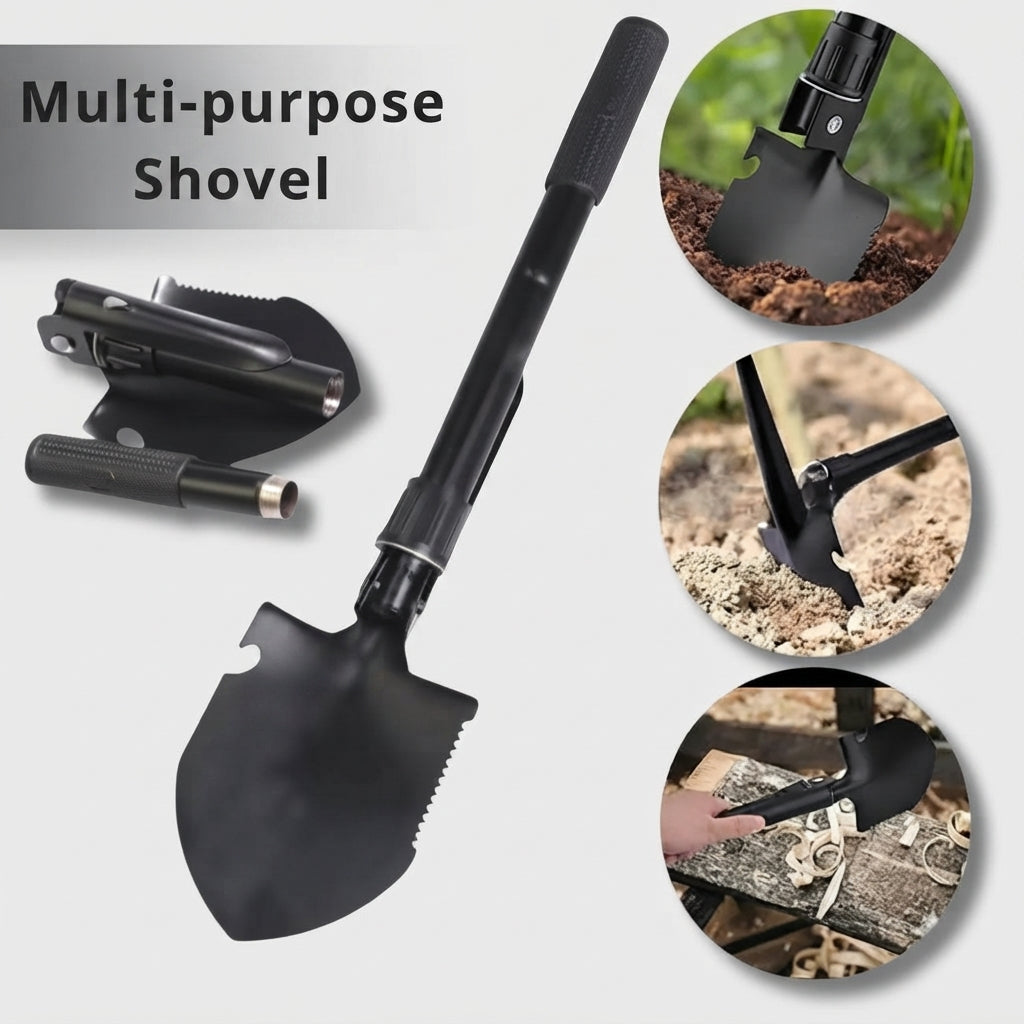 Folding shovel with pickaxe - Compact steel camping tool for outdoors