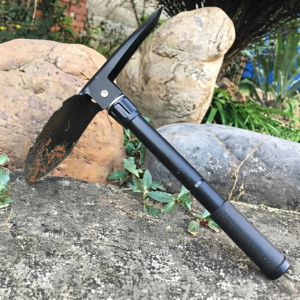 Folding shovel with pickaxe - Compact steel camping tool for outdoors
