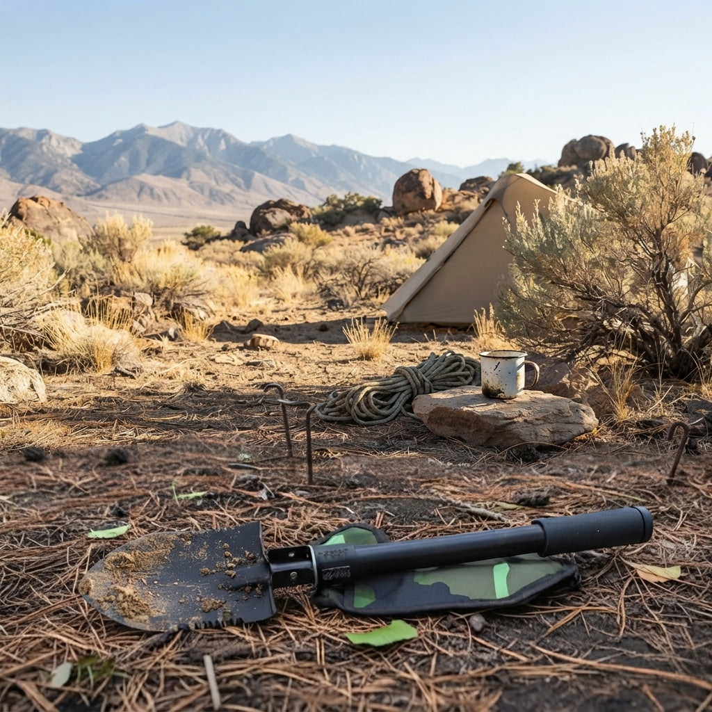 Folding shovel with pickaxe - Compact steel camping tool for outdoors