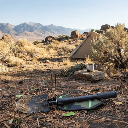 Folding shovel with pickaxe - Compact steel camping tool for outdoors