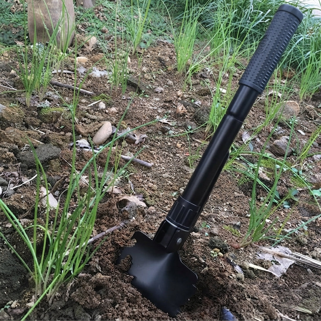 Folding shovel with pickaxe - Compact steel camping tool for outdoors