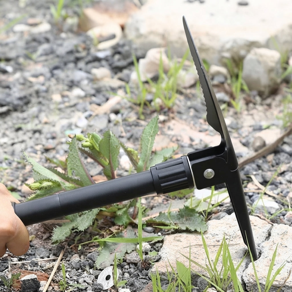 Folding shovel with pickaxe - Compact steel camping tool for outdoors