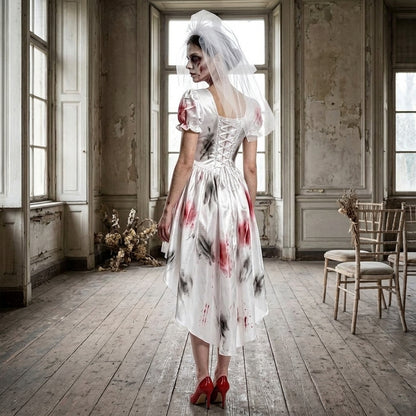 Ghost bride Halloween costume dress with headdress