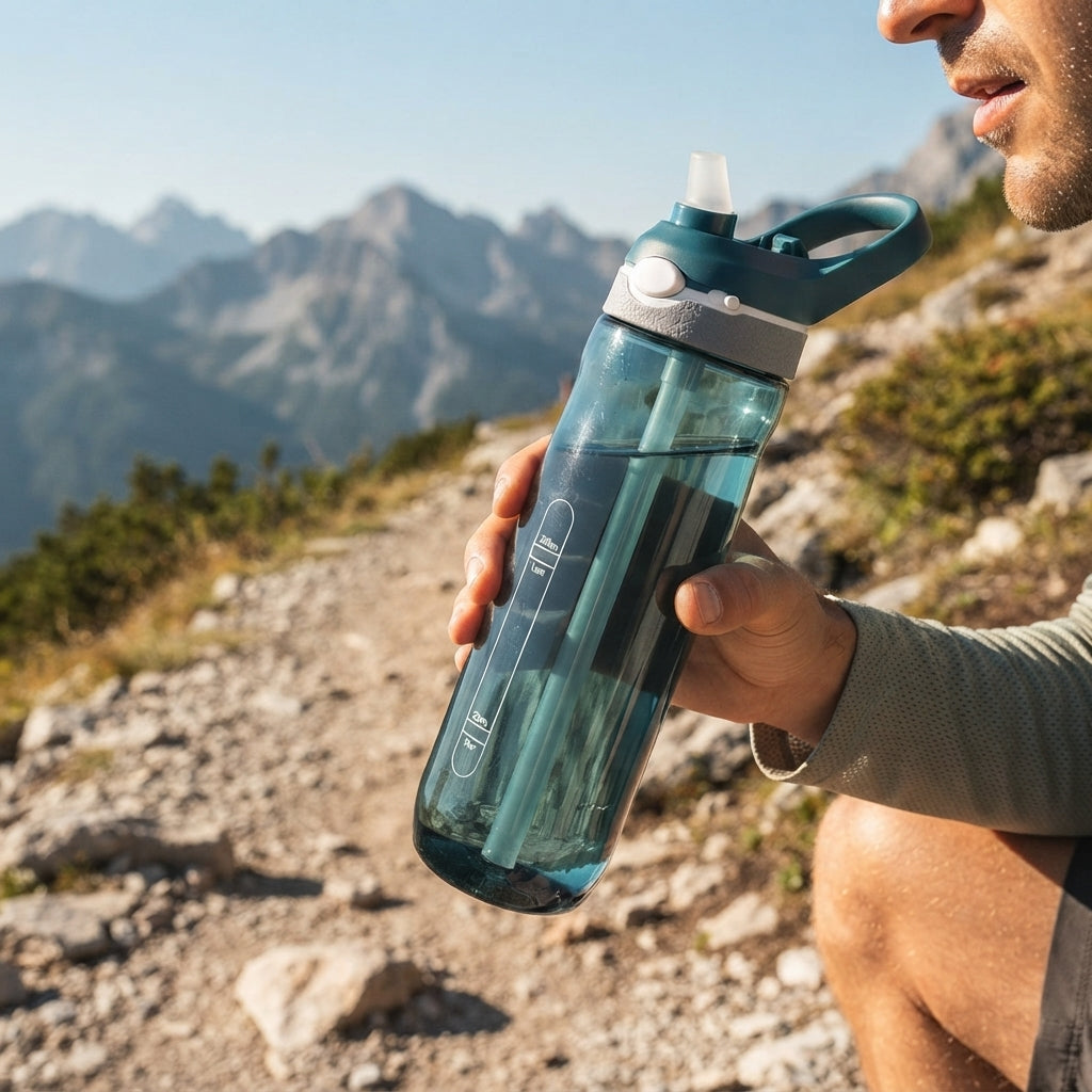 Hiking water bottle with ergonomic design and screw cap