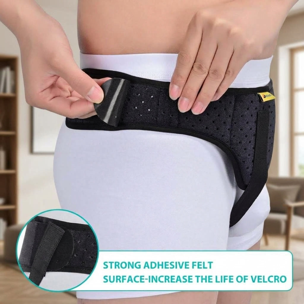Adjustable hernia support belt with removable compression pad