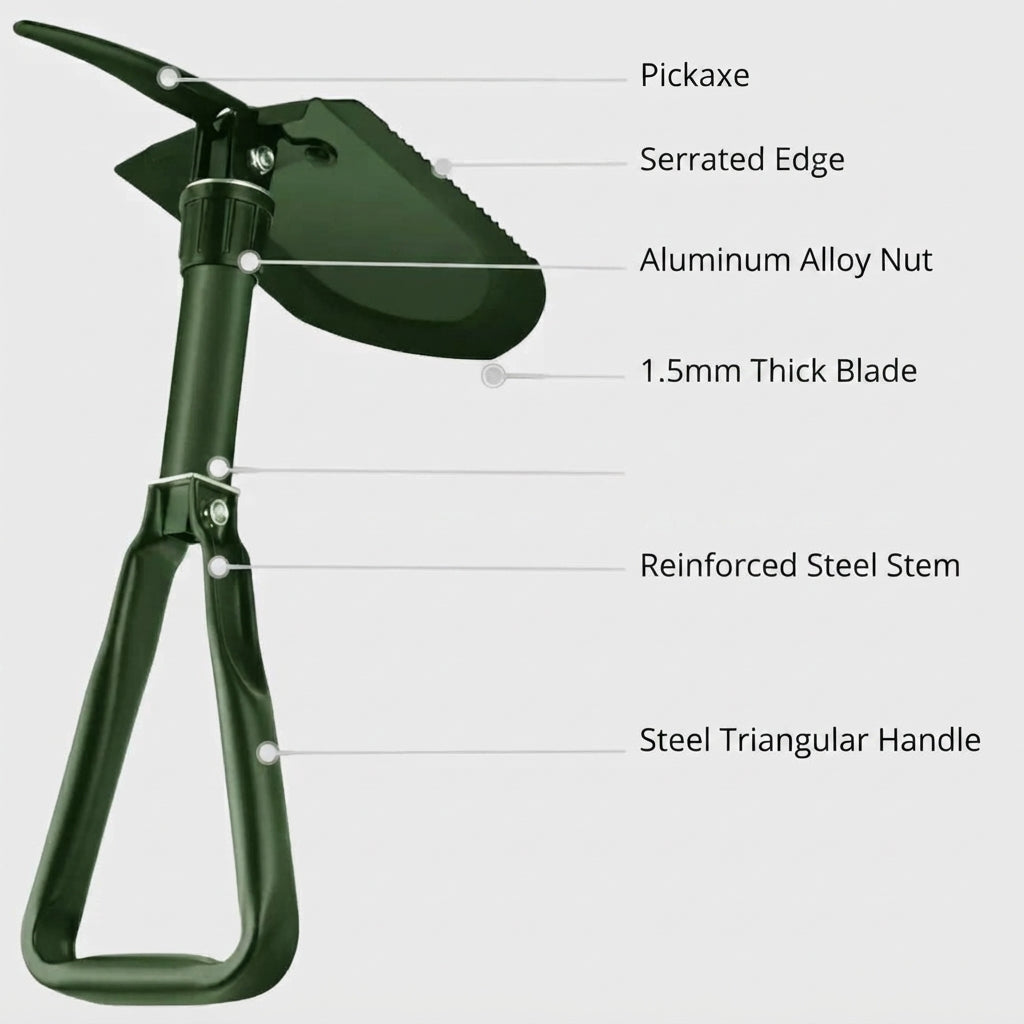 4-in-1 folding shovel - Steel camping spade with compact design