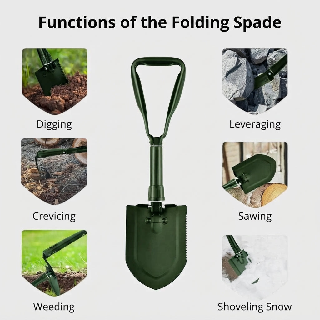 4-in-1 folding shovel - Steel camping spade with compact design